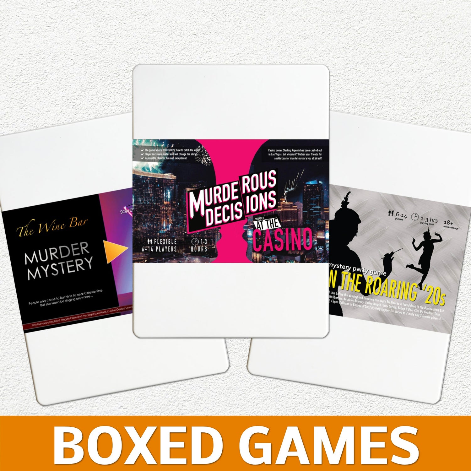 Murder Mystery Party Games to host at home, flexible and boxed